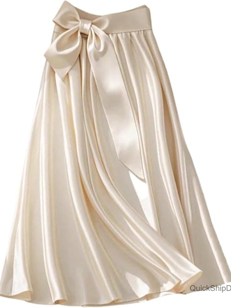 High Waisted Bowknot Ruffle Satin Midi Skirt